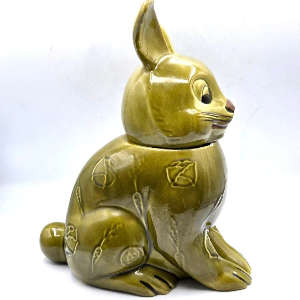 VINTAGE Olive Green Bunny Rabbit Shaped Cookie Jar Doranne of California RETRO